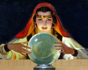 Mysterious Art Deco Gypsy! Vintage Digital Illustration. Digital Printable Image Download. Fortune Teller Digital Print.