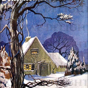 Casa de Inverno no País das Maravilhas. Ilustração vintage de Natal digital. Download digital de Natal