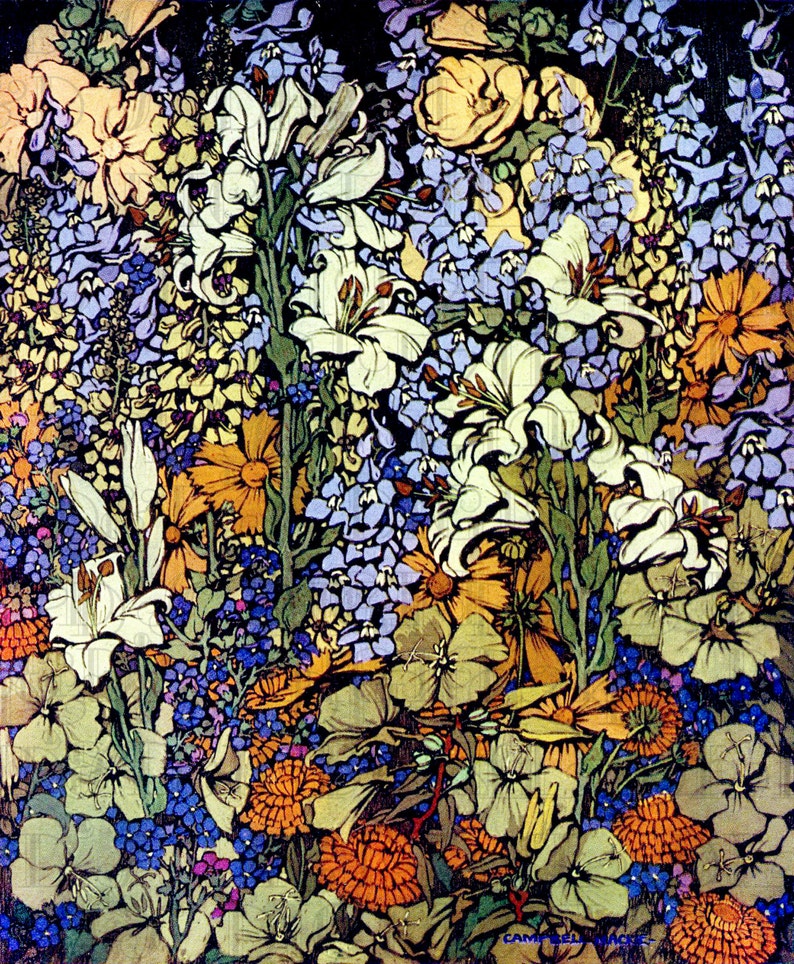 May include: A colorful floral illustration featuring white lilies, blue forget-me-nots, yellow and orange flowers, and green foliage.