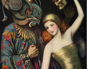 EXTRAORDINARY Masked Creature and Flapper.  Art Deco Flapper Vintage Illustration. Flapper Digital Download. Benda.