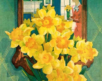 Lovely Spring DAFFODILS At Home! Digital VINTAGE Illustration. Vintage Gardening Flower DIGITAL Download.