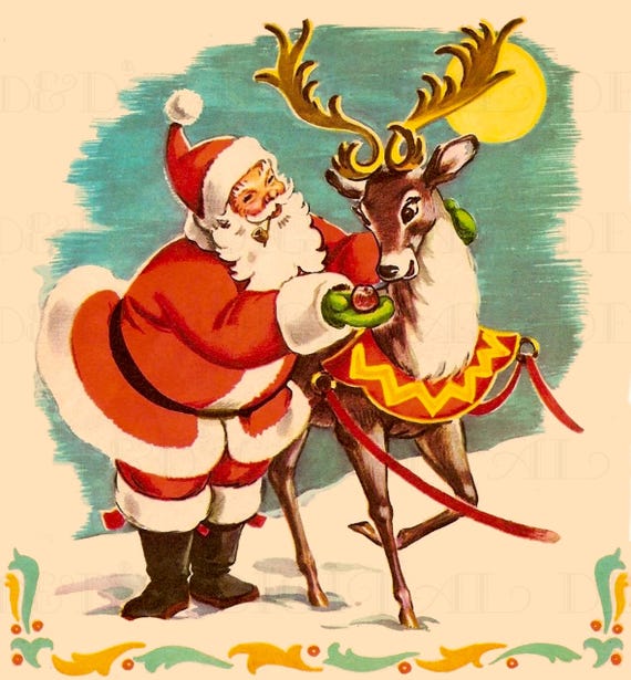 レトロなサンタとトナカイのイラスト：1950年代のクリスマスカード