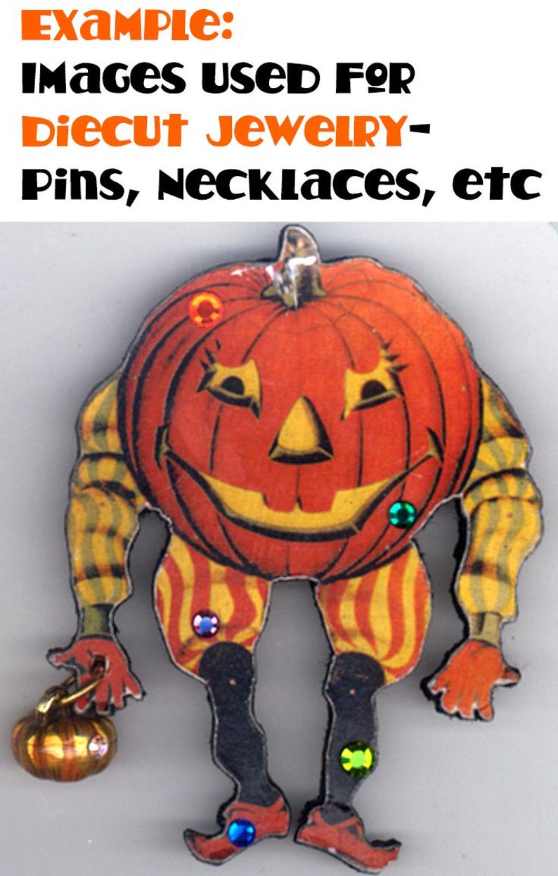 May include: A die-cut pumpkin with a friendly face, wearing striped pants and holding a small pumpkin. The pumpkin is decorated with colorful rhinestones.
