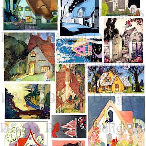 Rare Digital VINTAGE  Illustration Cosy Cottages COLLAGE