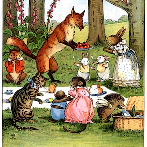 Pique-nique avec des animaux/Carte postale amusante VINTAGE Illustration NUMÉRIQUE