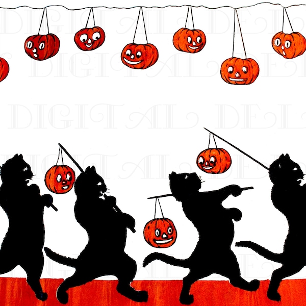 Vintage Halloween schwarze Katzen Illustration (Digitaler Download)
