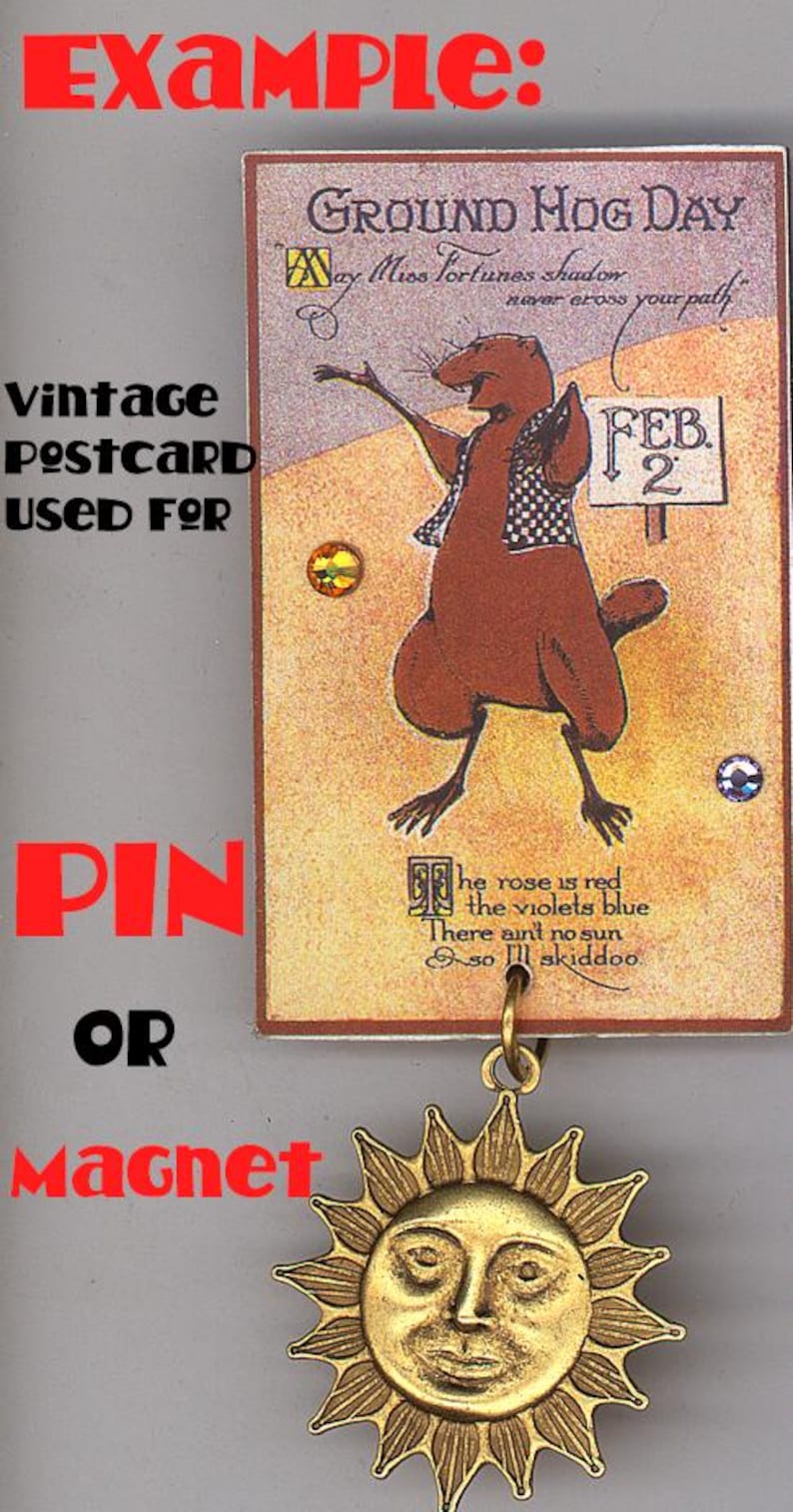 May include: Vintage postcard featuring a cartoon groundhog with the text "Ground Hog Day" and "Feb. 2". The postcard is attached to a gold sun charm with a face.