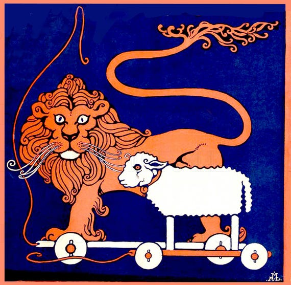 Vintage Lion and Lamb Illustration, March Printable Image (Digital Download)