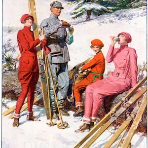 Festliche Ski-Party. Art Déco Vintage Winter Illustration.  Wunderbarer Winter Digitaler Download.
