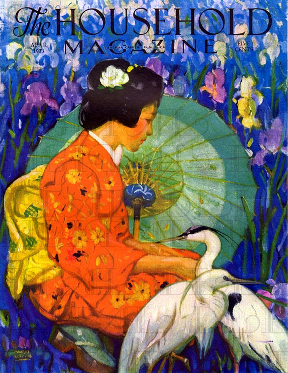 Art Deco Japanese Maiden and Birds. Vintage Art Deco Etsy