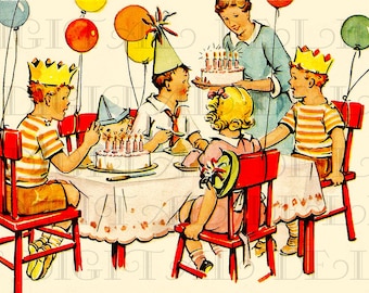 Colorful 1950s Kid's Birthday Party. Vintage Digital BIRTHDAY Card. Retro Birthday Vintage Illustration.  Birthday Card DIGITAL Download