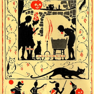 RARE! Vintage Halloween Illustration: Black Cat, Owl, Bobbing Apples (Digital Download)