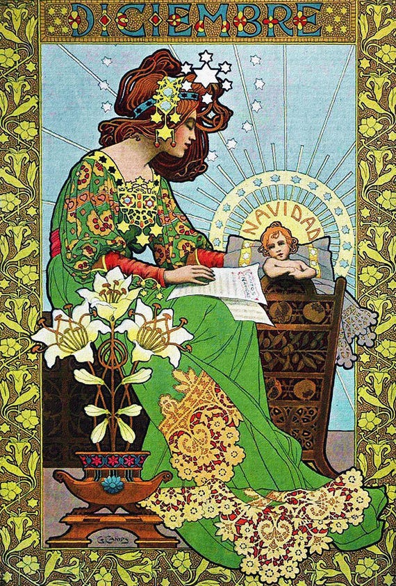 素晴らしい希少なクリスマス・アール・ヌーヴォーの女性像！デジタル版