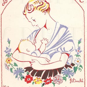 Extrem seltener Vintage französischer illustrierter PC eines Babys, das liebevoll von seiner Mutter gefüttert wird.  Digitaler Download.