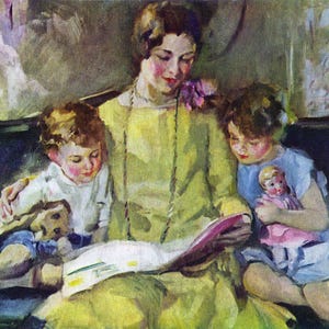 Vintage Mother Reading to Children Illustration: 1920s/30s Art Print (Digital Download)