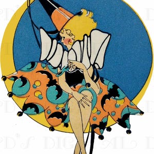 May include: Vintage illustration of a woman in a whimsical costume. The artwork features a woman with blonde hair, a black top, and a patterned orange and teal skirt. The background includes a blue circle and a yellow crescent.