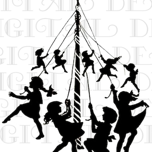 Magnifique Silhouette Illustration vintage du 1er mai. Danse autour du mât de mai. Téléchargement numérique. impression printanière de mai vintage.