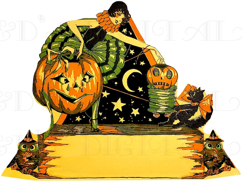 RARE! Art Deco Flapper/jack O Lantern Halloween Place Card: Vintage ...