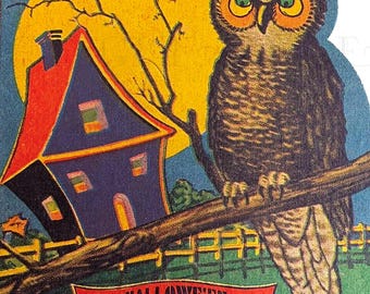 Ilustración vintage de búho de Halloween: Descarga digital de "Trix o trato"