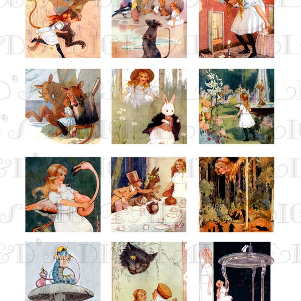 ALICE In Wonderland. Digital CLIP Art Sheet. 2"x2" Squares. Margaret Tarrant. Digital Clip Art Download. First Edition!