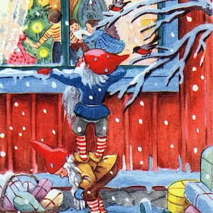 Les nains de Noël jettent un coup d'oeil dans la fenêtre. Illustration numérique VINTAGE Noël/Nouvel an. Téléchargement numérique vintage. Impression numérique vintage Gnome