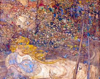 May include: A painting of a woman lying in a field of flowers. The woman is wearing a blue dress and has long blonde hair. The flowers are a variety of colors, including pink, purple, and yellow. The background is a forest with trees and a mushroom-shaped house.