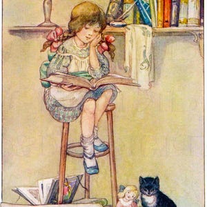 Im WUNDERLAND! Bezaubernde Anne Anderson Illustration. Mädchen, Hund, Puppe beim Lesen! Vintage LESEN Digitaler Download. VINTAGE Illustration Druck.