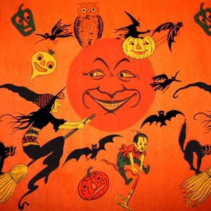 Vintage Halloween Crepe Paper Illustration: Grinning Moon, Witch, Boy (Digital Download)