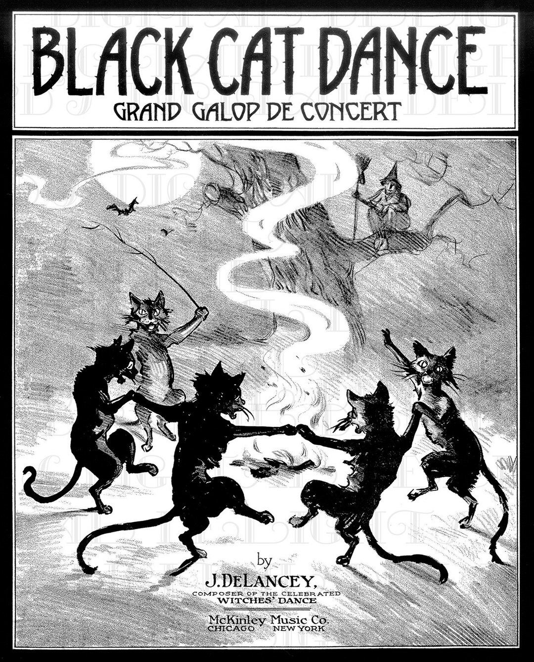 RARE! Vintage Black Cat Dance Illustration: Halloween Sheet Music
