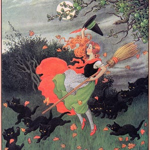 Hübsche Mädchen-Fee-HEXE bereit, mit dem Wind zu fliegen!  VINTAGE Fee Halloween Illustration. Feen DIGITAL Download. Halloween Druck!