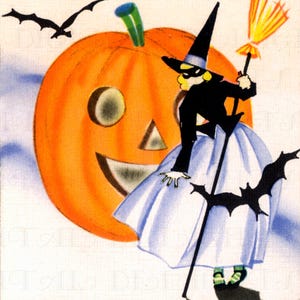 Illustrazione di una bella strega di Halloween: stampa artistica vintage Art Déco, download digitale