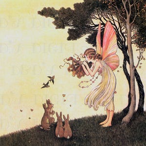 FAIRY Plays The Flute For Bunnies! Fairy Vintage DIGITAL Illustration. Digital Fairy Download. Fairy Digital PRINT.