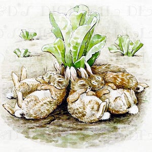 Puede incluir: Ilustración en acuarela de un grupo de conejos durmiendo acurrucados bajo grandes hojas verdes. Los conejos tienen pelaje marrón y blanco, y las hojas son de un verde vibrante. La escena está ambientada sobre una superficie marrón claro.