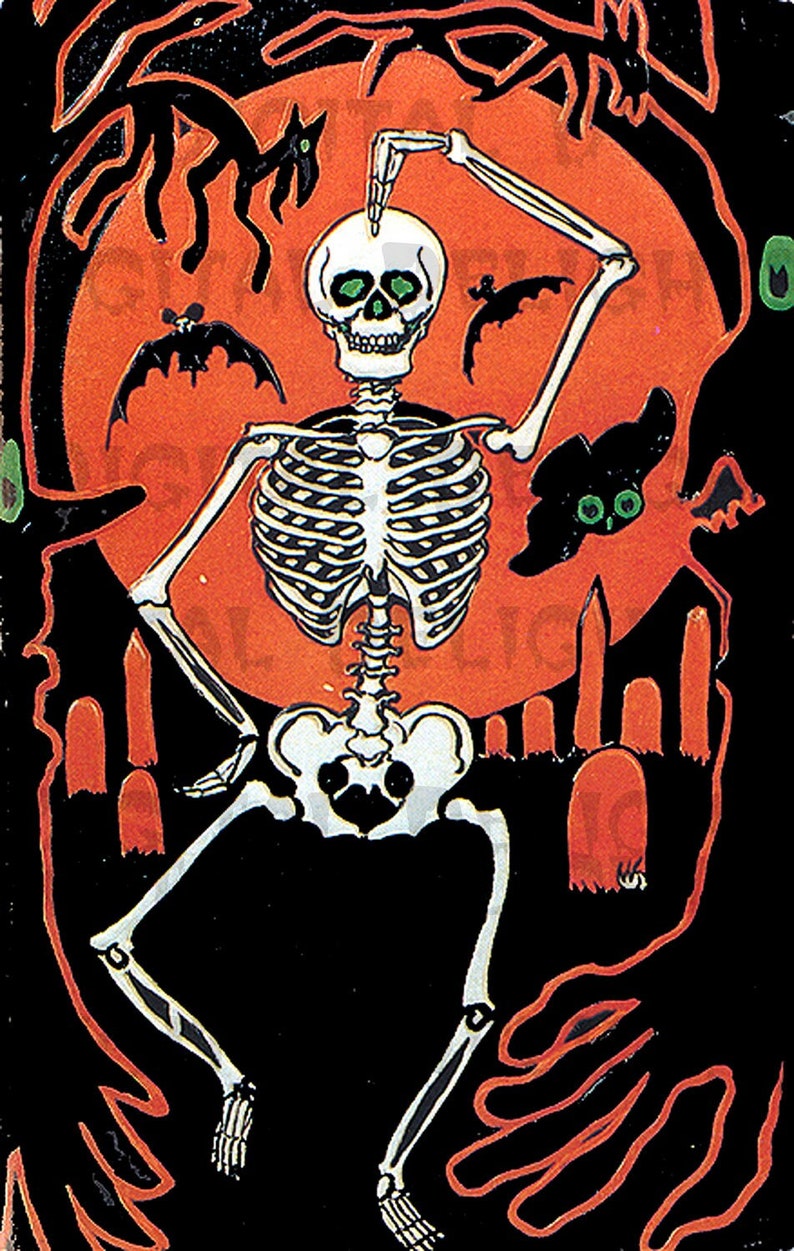 HALLOWEEN Digital Download. Vintage Illustration. Delightful Dancing Skeleton Diecut image 1