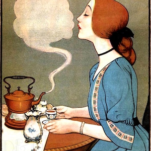She Kisses Her LOVER In The Tea Mist! Vintage Digital ILLUSTRATION. Digital Download. Edwardian Lady