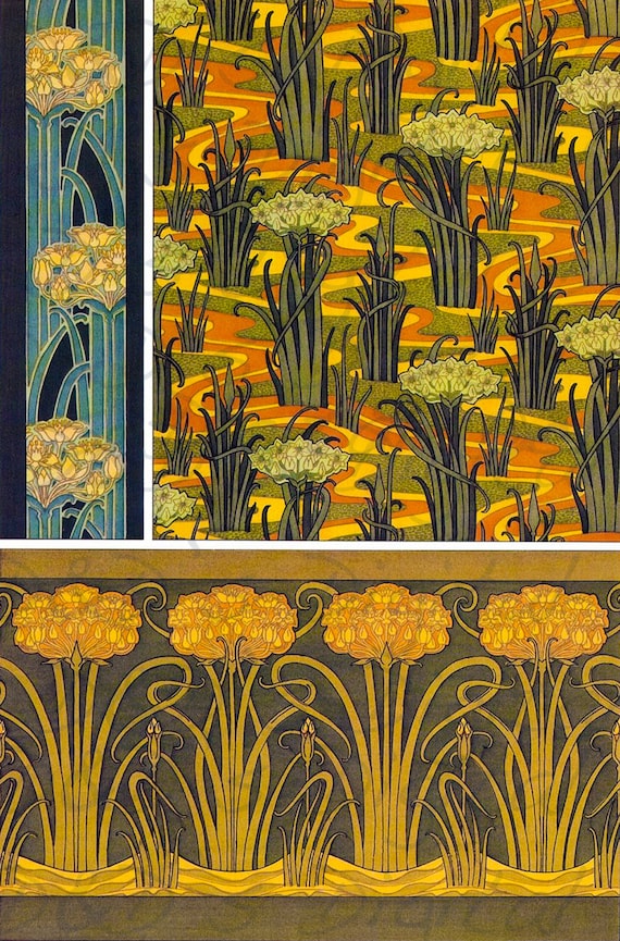 Fantastyczne 3 Kawałek Secesyjny Kwiat Wzorzec Projektowania Vintage Sztuki I Rzemiosła Ilustracja Kwiat Digital Download Art Nouveau Print