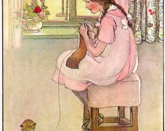ZELDZAAM. Anne Anderson. Meisje breit met haar kat. Vintage illustratie. Digitale download voor katten