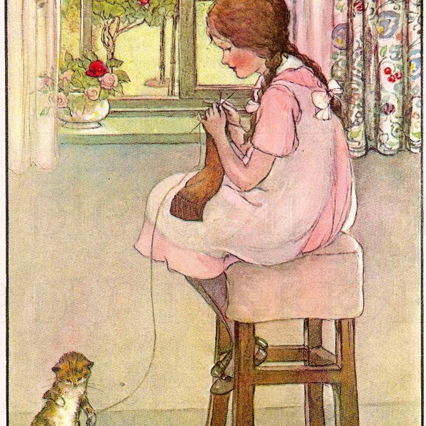 RARE. Anne Anderson. Girl Knitting with Her Cat. Vintage Illustration. Cat  Digital Download