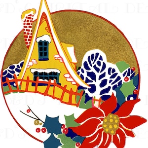 Rare! Art Deco Christmas Cottage Illustration: Vintage Holiday Digital Download