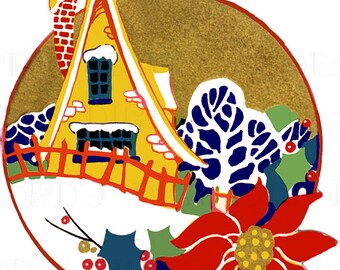 Rare! Art Deco Christmas Cottage Illustration: Vintage Holiday Digital Download