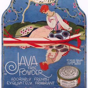 Może przedstawiać: Reklama w stylu vintage dla pudru do twarzy Java firmy Bourjois. Obraz przedstawia kobietę w łodzi, z odbiciem w wodzie. Reklama zawiera tekst w kolorze białym i czerwonym oraz małą puszkę pudru do twarzy.