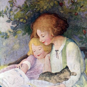 Lovely Pastel Mother And Child READING.   VINTAGE llustration. Digital DOWNLOAD. Digital Vintage Reading Illustration Download.