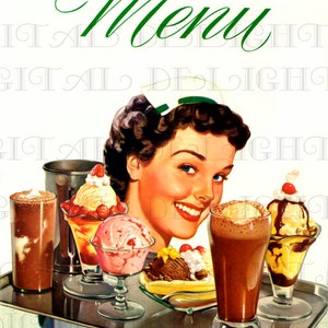 MENU Cameriera, Gelato, Diner. Copertina del menu retrò vintage DIGITALE originale degli anni '50. Download digitale di illustrazioni vintage.