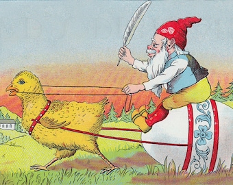 Gnome On Egg Pulled By Chick Illustration: Vintage Easter Digital Download)