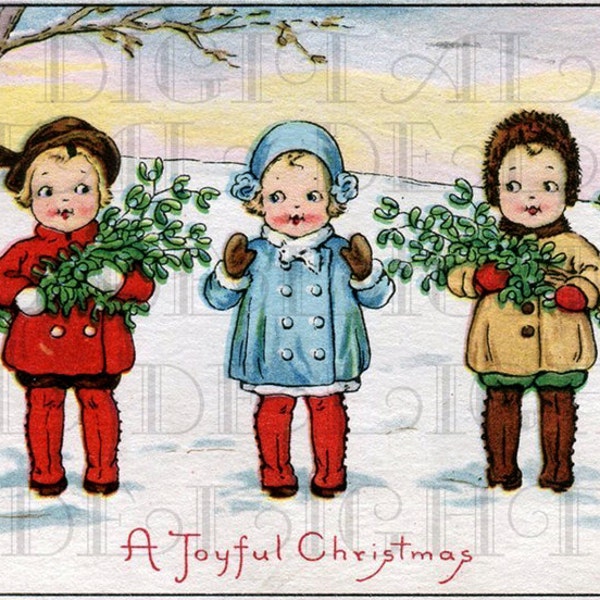 3 Little Joyful CHRISTMAS Children. Digital VINTAGE Illustration. Digital Christmas Download. Digital Vintage Christmas Print.