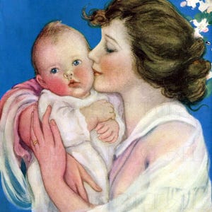 Lieve baby gekust door moeder. Zachte mooie edwardiaanse/deco-illustratie.  Perfect voor MOEDERDAG. Digitale vintage illustratie downloaden.