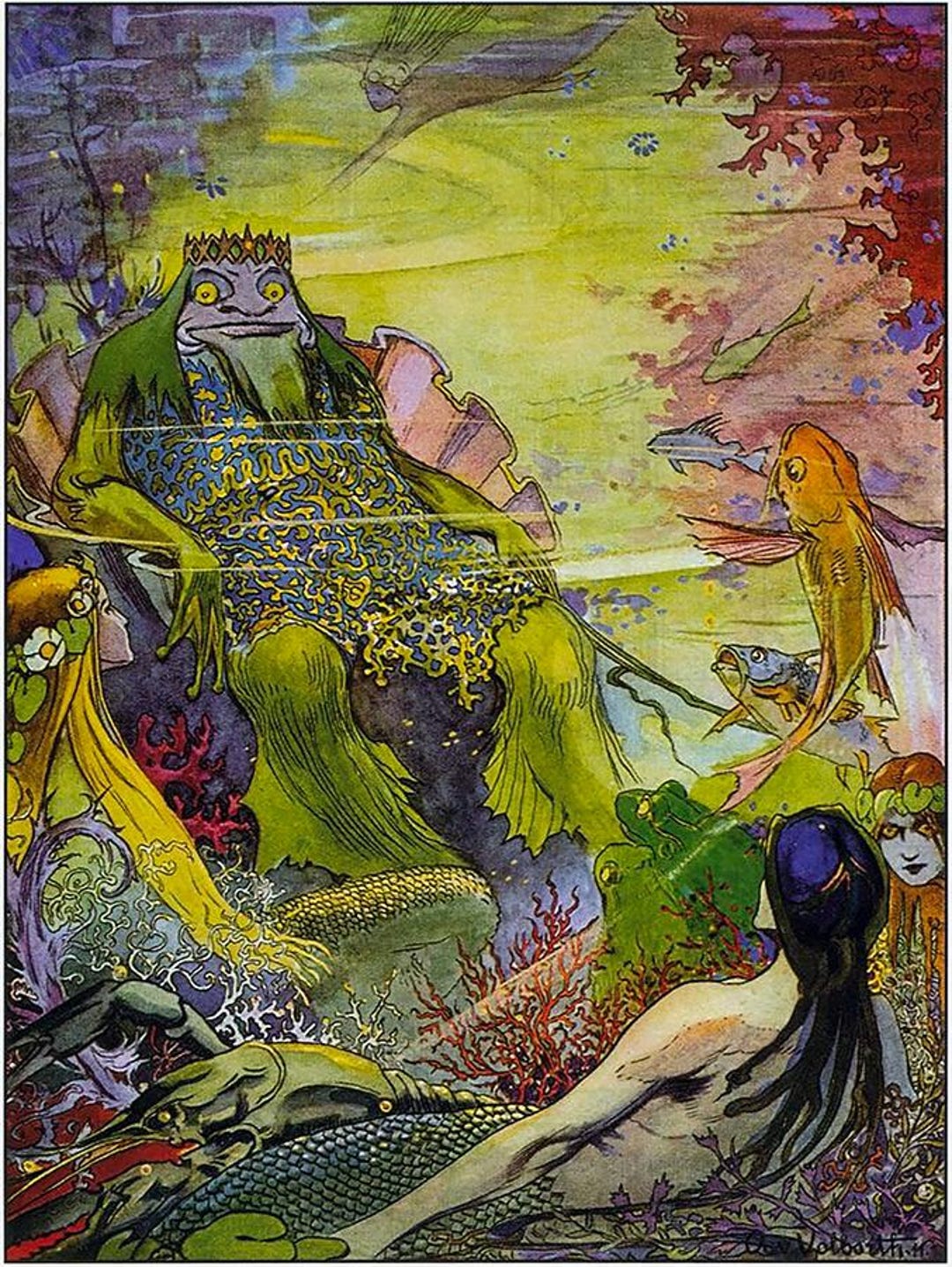 Weird Sea King Under the Ocean. Vintage Fairy Tale DIGITAL Illustration ...