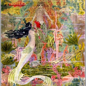 May include: A mermaid with long black hair and a white tail swims towards a young man standing in a coral reef. The reef is filled with colorful coral and seaweed. The man is wearing a pearl necklace and a green robe. The mermaid is holding a red flower in her hand.