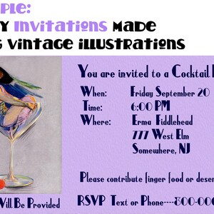 May include: A vintage-style cocktail party invitation with a purple background. The invitation features a woman in a cocktail glass, a cherry, and the text "You are invited to a Cocktail Party!"  "When: Friday September 20"  "Time: 6:00 PM"  "Where: Erma Fiddlehead 777 West Elm Somewhere, NJ"  "Please contribute finger food or desert"  "Cocktails Will Be Provided RSVP Text or Phone---300-000-0000"