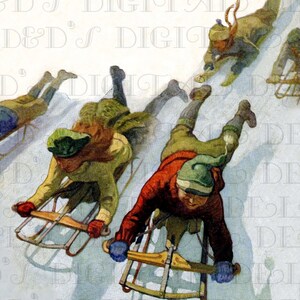 RODELN! Vintage Neujahr Illustration. Digitales Neujahr Download. Digitale Winter Illustration. N. C. Wyeth. Perfekt für Karten!